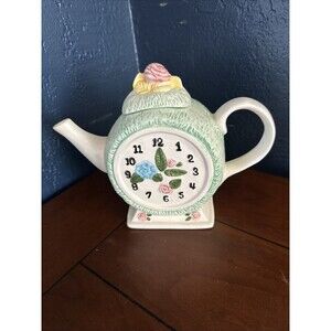 Gift Gallery Porcelain Clock Tea Pot Decorative Only Clock Face Floral VTG
